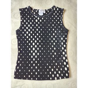 TESS Black White Polka Dot Micro-pleat Ribbed Sleeveless Top Small Classic Shell